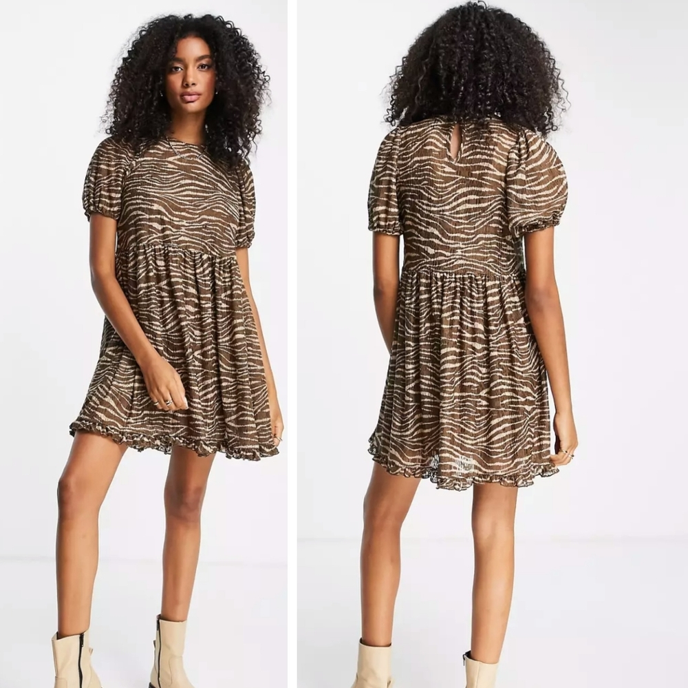 River Island animal print lace mini smock dress in brown